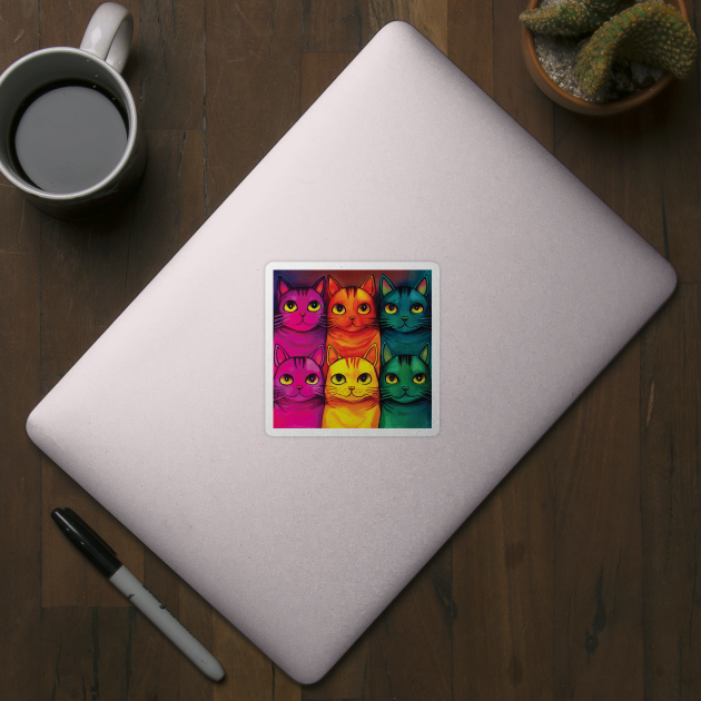 Multicoloured Cats Print in Bold Pink, Orange, Yellow, Green and Blue by Geminiartstudio